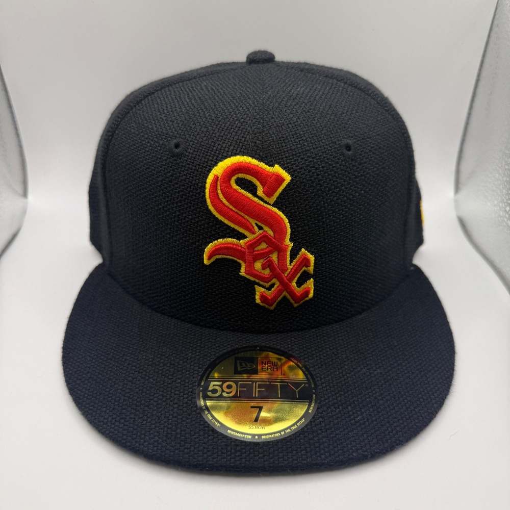 New Era 59FIFTY Chicago White Sox Fitted Hat Black Hemp Red Yellow Size 7 Green